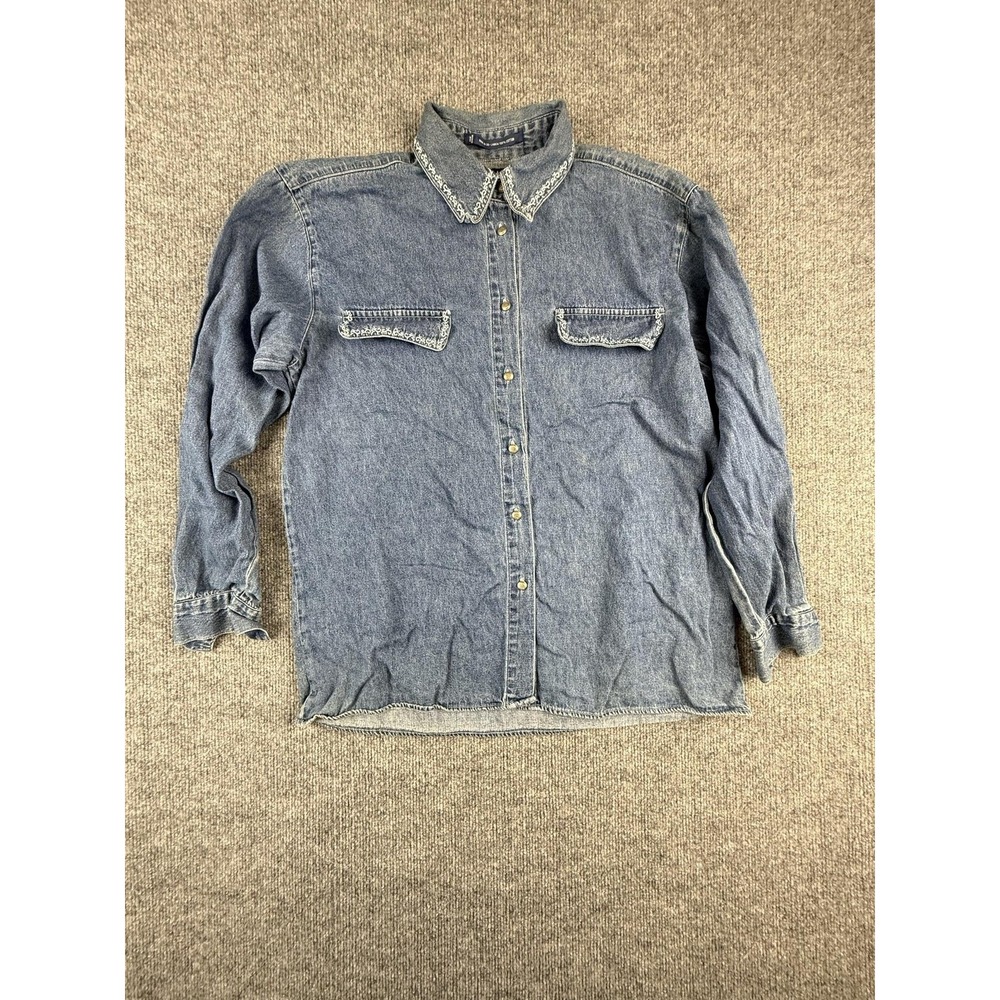 Regatta Shirt Womens Medium Blue Denim Snap Button Embroidered Collar Pockets